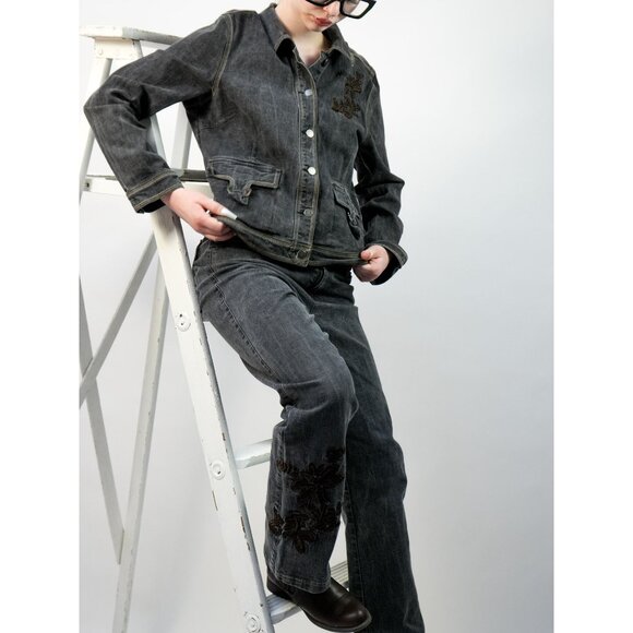 Y2k Yukoka Gray Denim Flower Embroidered Jean Set - Picture 5 of 8